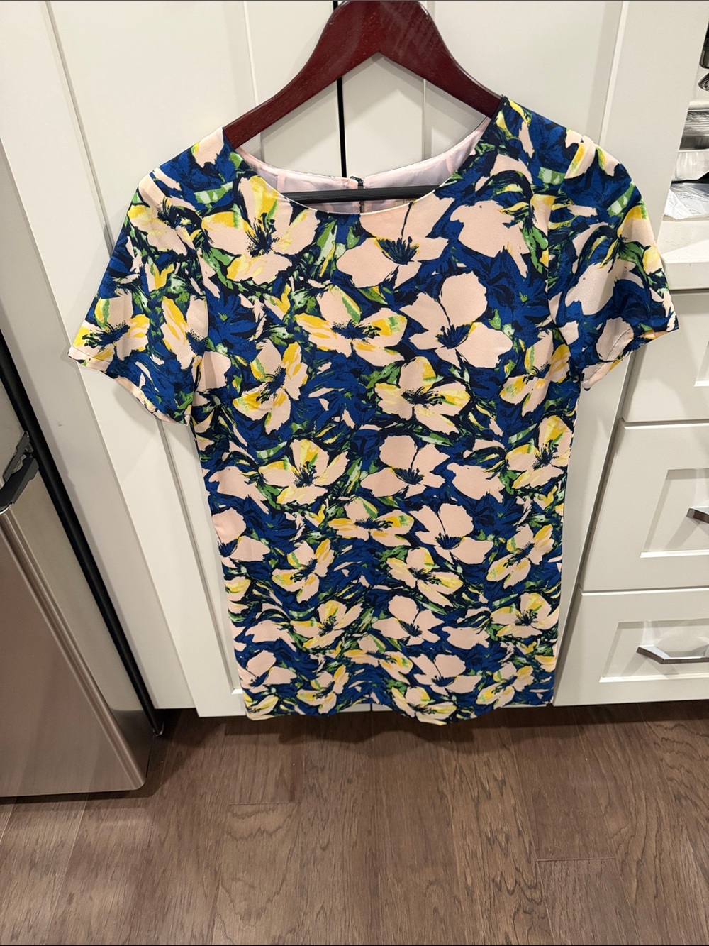 J. Crew Floral Short-Sleeve Tunic Dress in Blue, Pink, Yellow
